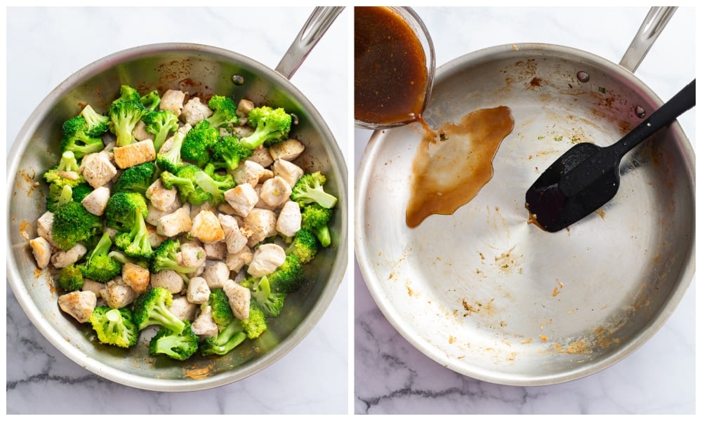 Cooked Chicken and Broccoli in a skillet next to a skillet with sauce being added.
