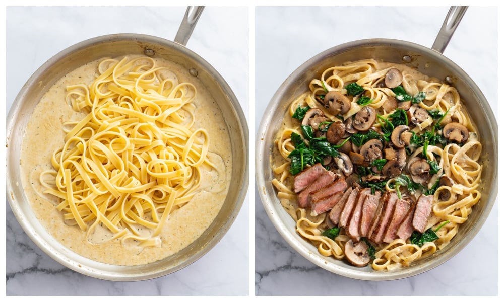 Adding fettuccine, mushrooms, spinach, and steak to a cream sauce for Steak Pasta.
