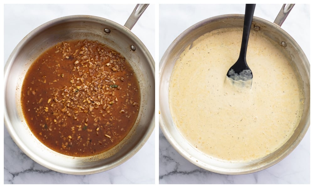A skillet of deglazed liquid with garlic and shallots next to a skillet of cream sauce.