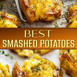 A collage of Smashed Potatoes on a baking sheet.