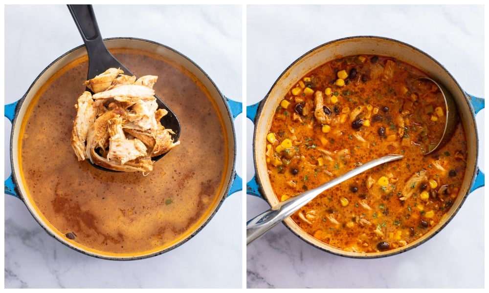Adding sliced chicken to taco soup.