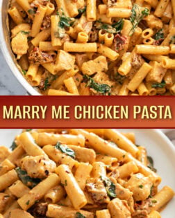 A collage of Marry Me Chicken Pasta in a pot and in a serving bowl.