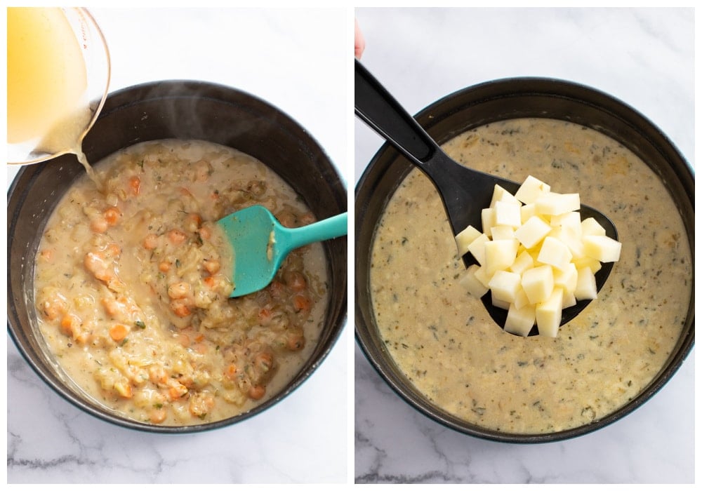 Adding chicken broth and potatoes to a soup pot.