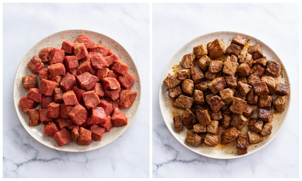 A plate of uncooked steak next to a plate of seared steak.