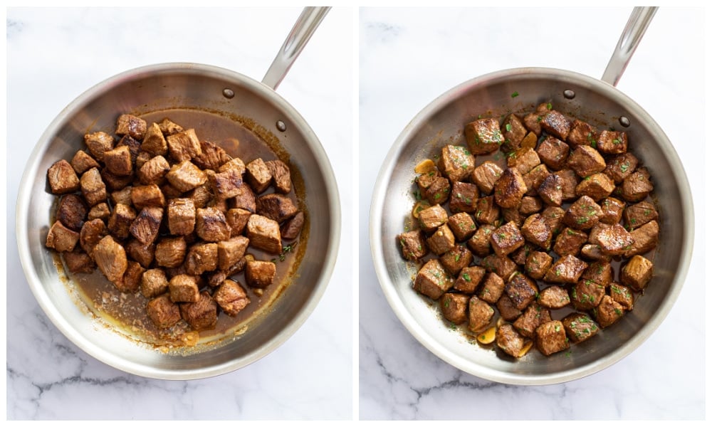 Adding seared steak to a skillet of garlic butter sauce.