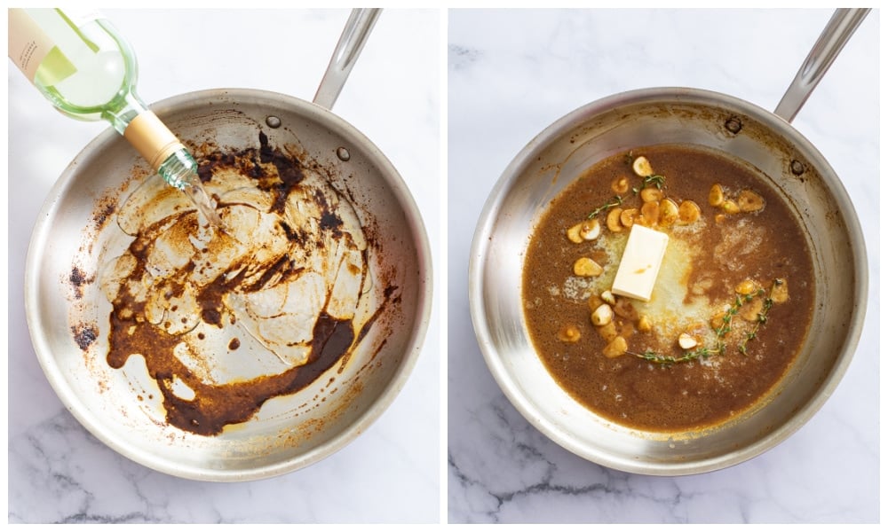 A skillet being deglazed with wine next to a skillet of a garlic butter sauce.