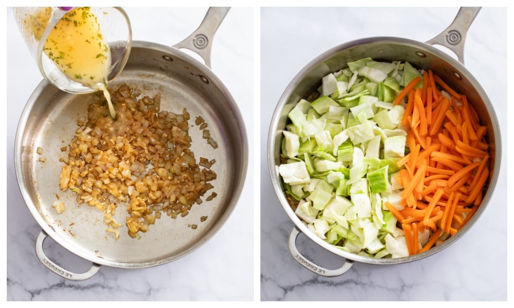 A skillet of cooked onions next to a skillet with cabbage and carrots.