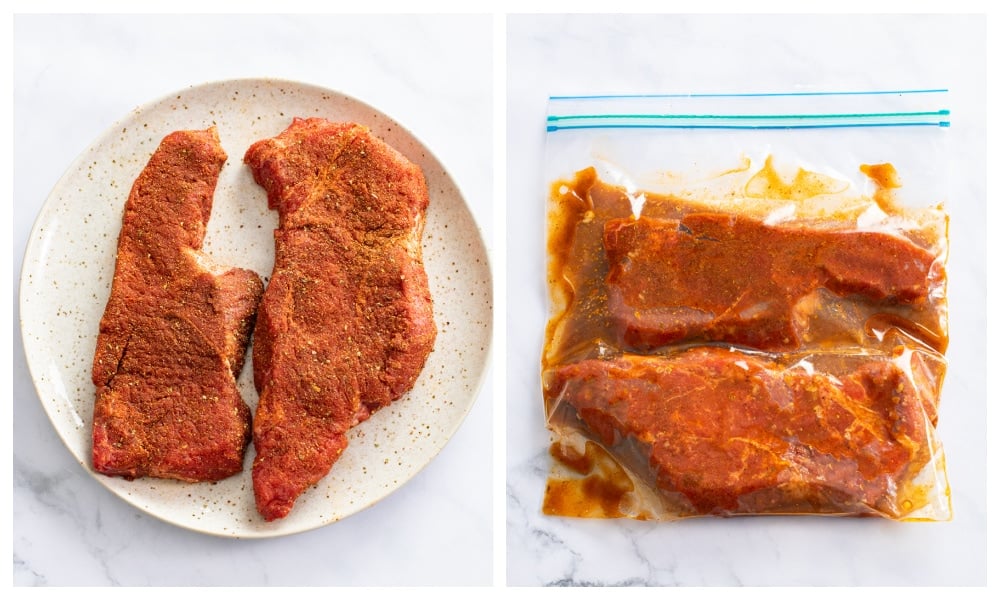 Seasoned steak on a plate next to steak being marinated in a bag.