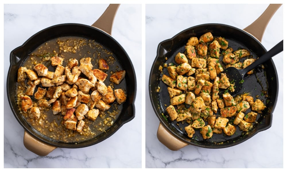 Chicken Bites in a skillet with a garlic butter pan sauce and freshly chopped parsley.