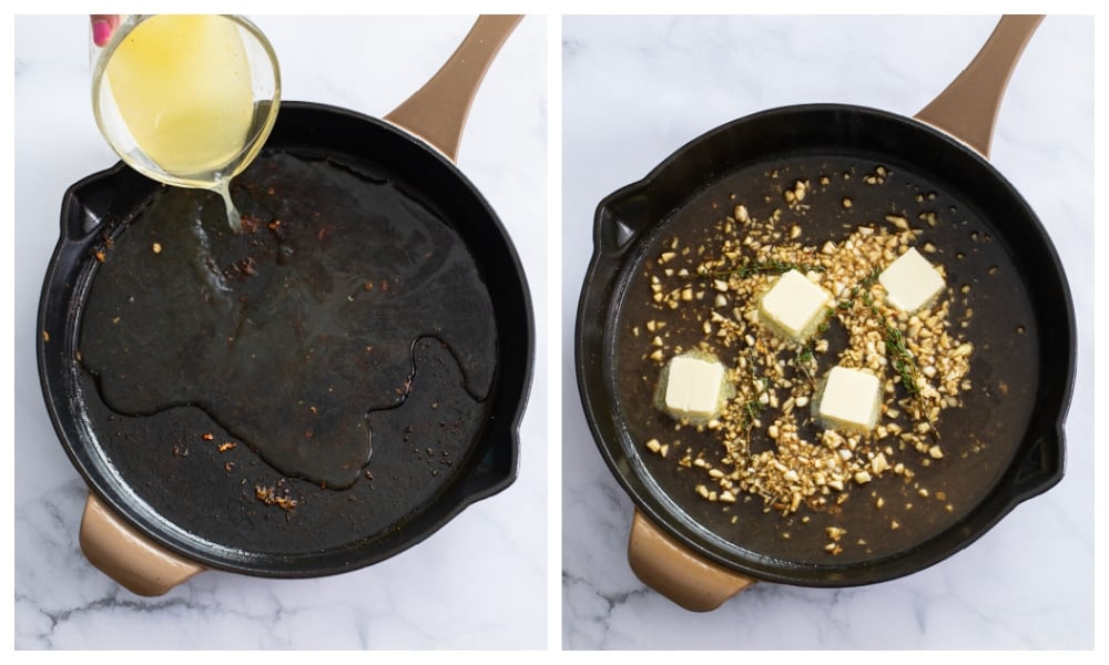 Chicken broth and wine being poured into a skillet with butter, garlic, and fresh thyme added after.