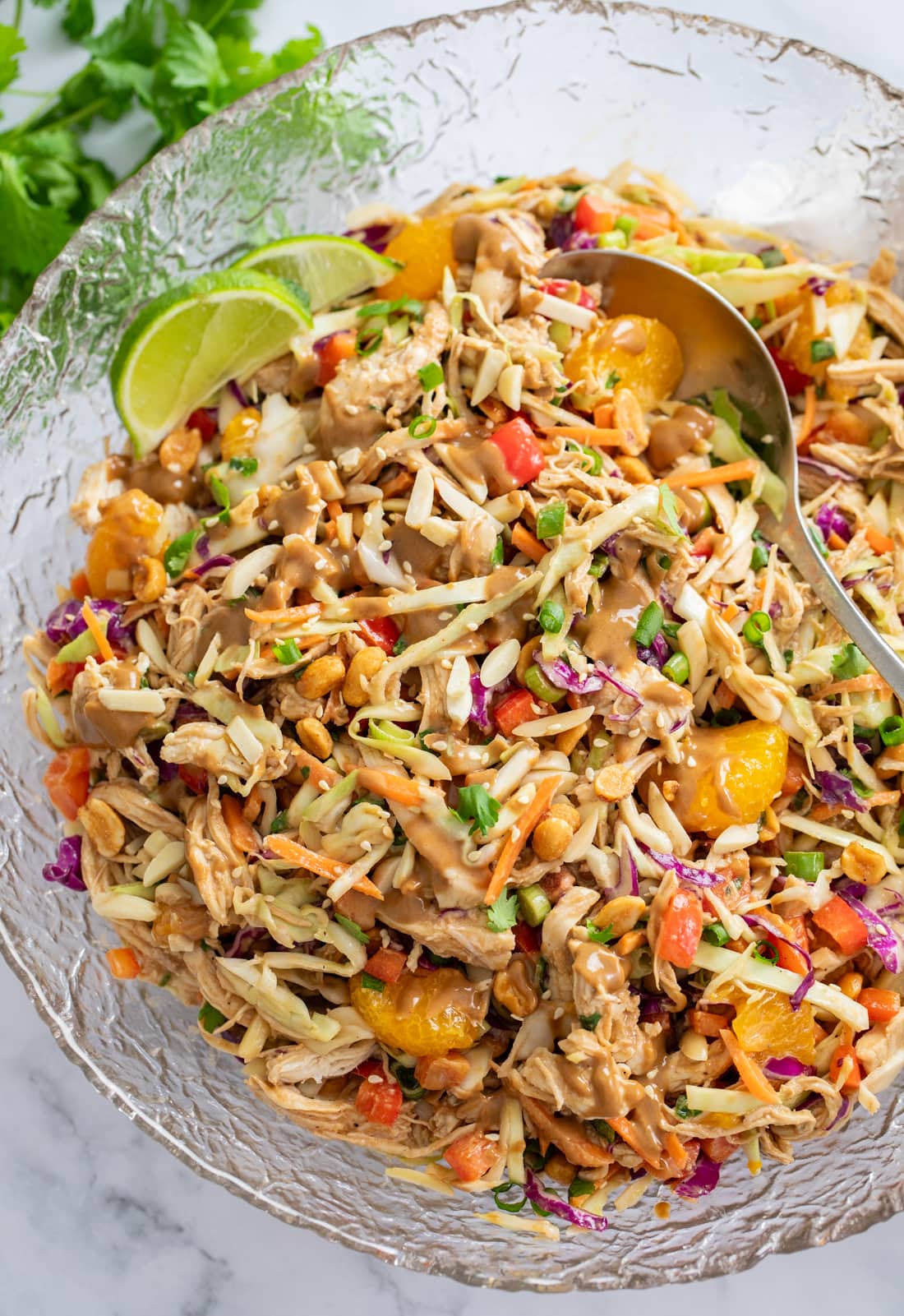 Overhead view of Thai Chicken Salad in a glass bowl with lime wedges on the side.