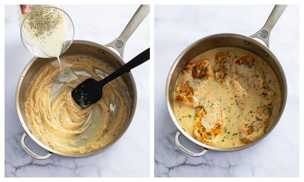 Making a Garlic Parmesan Sauce and adding chicken to it.