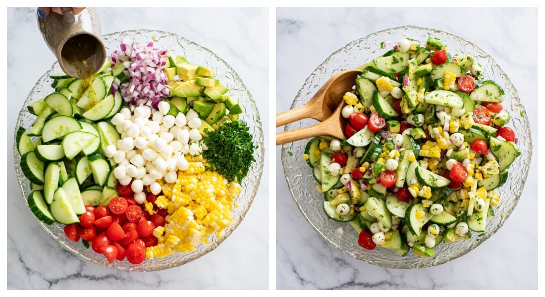 Ingredients for Cucumber Avocado Salad in a glass bowl before and after being combined with dressing.
