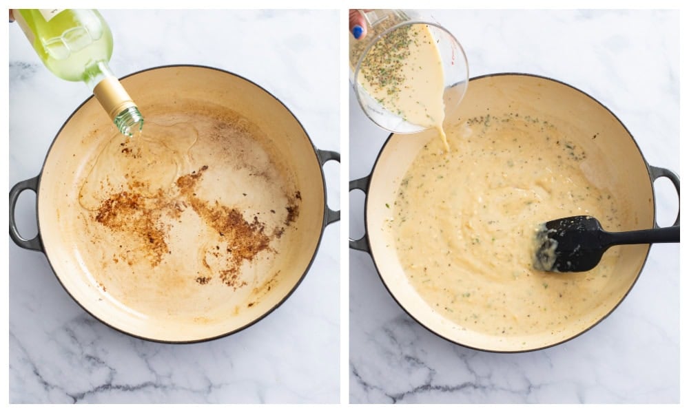 Deglazing a skillet with white wine and added garlic parmesan sauce.