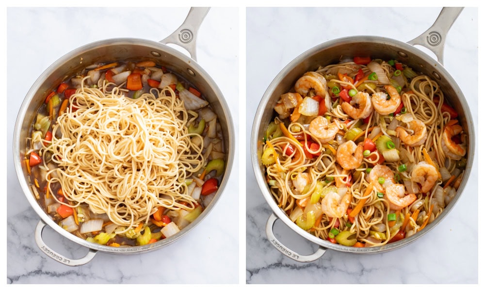 Adding noodles and cooked shrimp to make Shrimp Lo Mein.