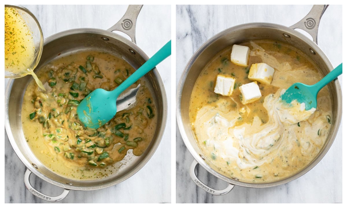 Making a Jalapeno Popper Sauce with broth, sour cream, cream cheese, jalapenos, and seasonings.