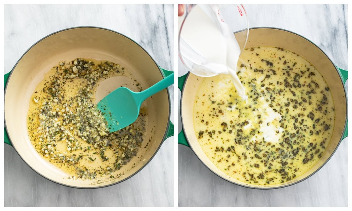 A pot of butter, garlic, and herbs next to a pot with a sauce being made for garlic herb pasta.
