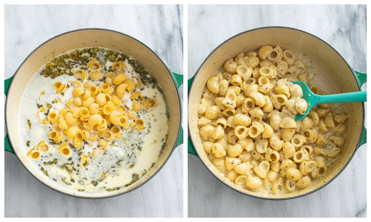 Adding pasta to a pot of broth, herbs, and half next to a pot of cooked Garlic Herb Pasta.