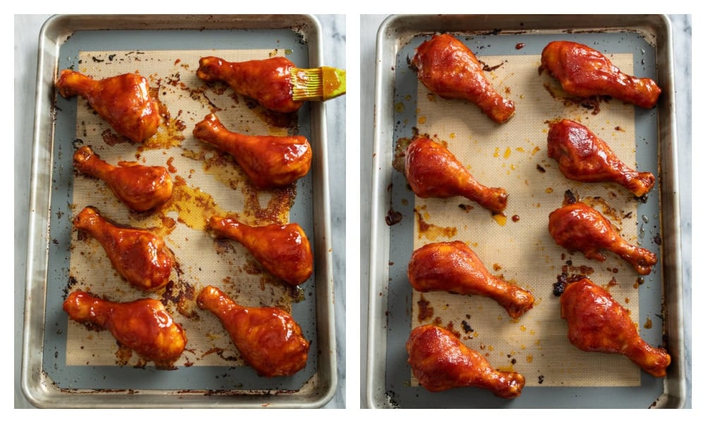 BBQ Chicken on a baking sheet before and after they're done baking.