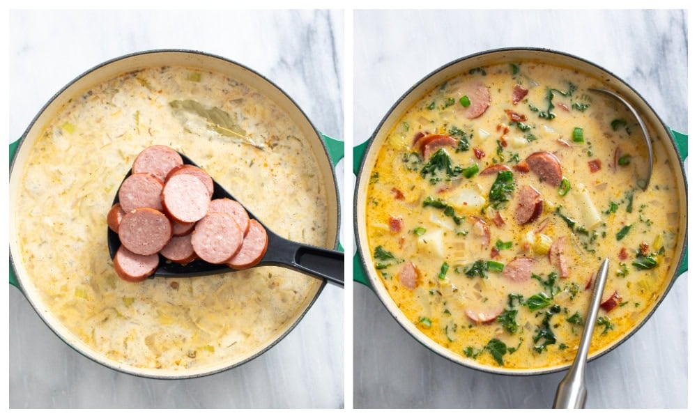 Adding slices of kielbasa to Kielbasa potato soup.