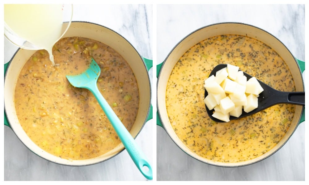 Adding broth and potatoes to a pot to make Keilbasa Potato Soup.