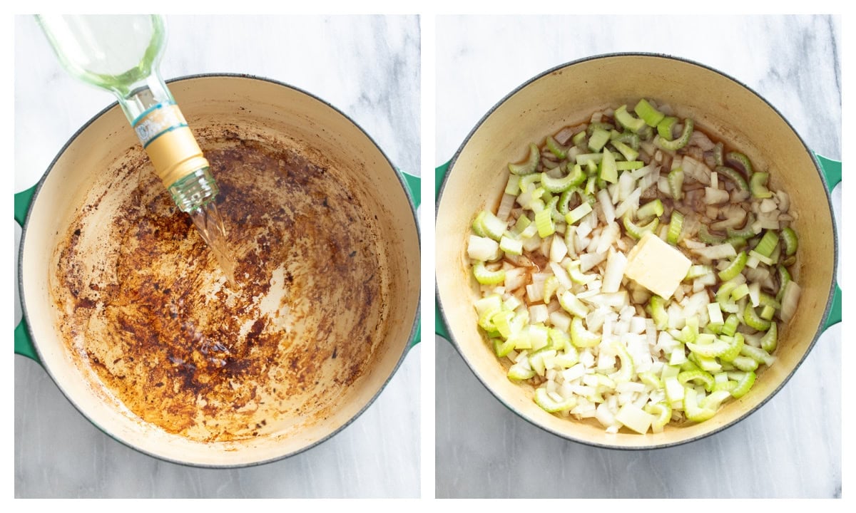 A pot being deglazed with white wine next to a pot with onions, celery, and butter.