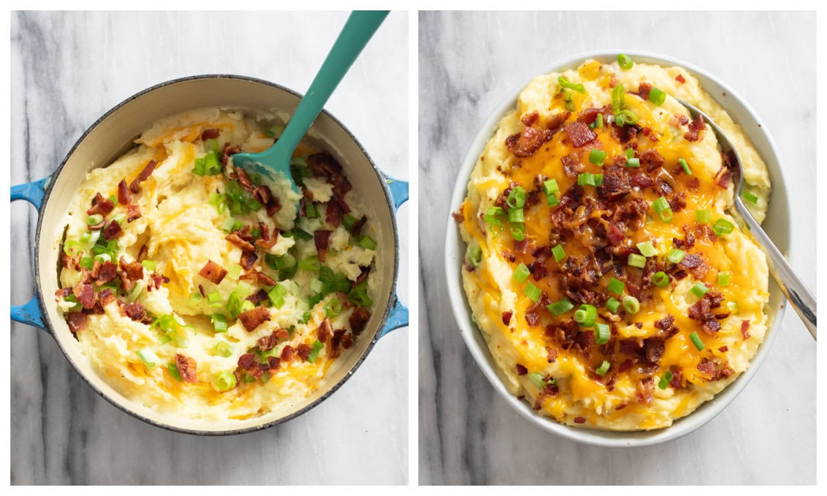 A pot of mashed potatoes with cheese, bacon, and green onions being added next to a white bowl of loaded mashed potatoes.