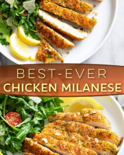 A collage of Chicken Milanese on a white plate with an arugula salad and lemon wedges.