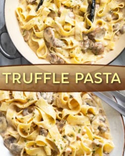 A collage of Truffle Pasta in a skillet and on a platter with a label in the middle.