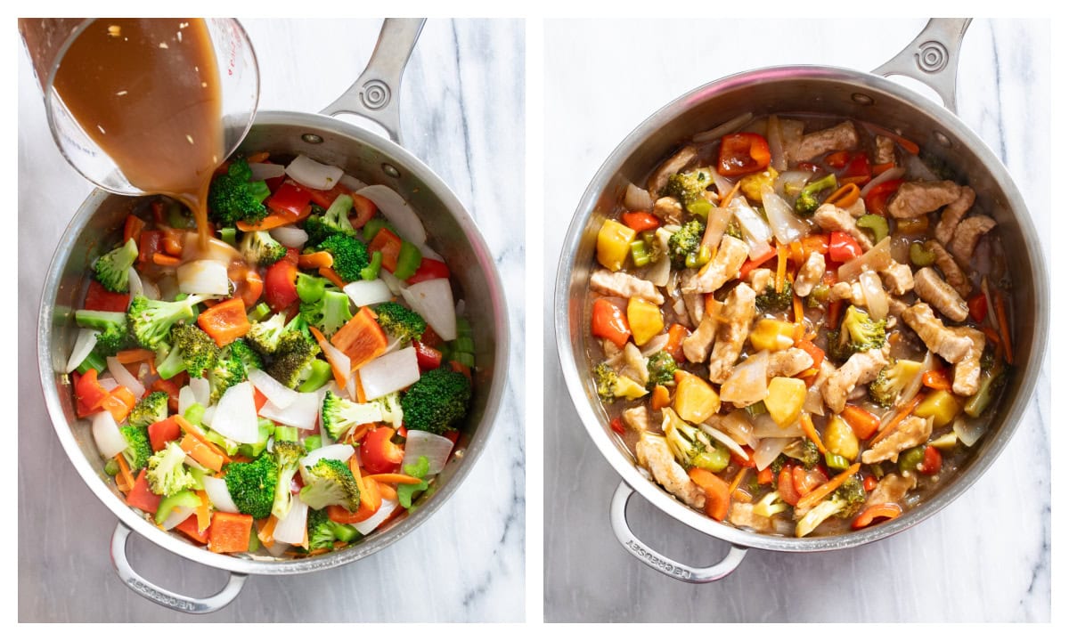 Adding stir fry sauce to a skillet with vegetables and pork to make pork stir fry.