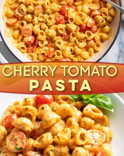 A collage of Cherry Tomato Pasta in a skillet and in a white bowl with fresh basil on the side.