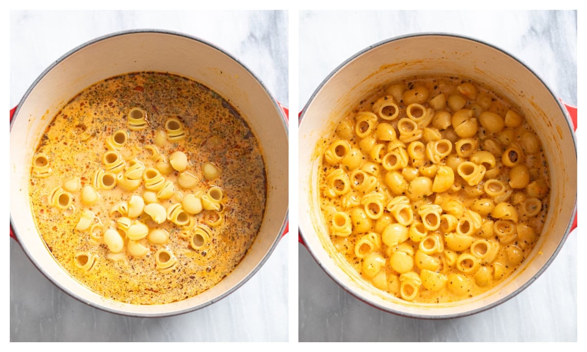 A pot with uncooked pasta in sauce next to a pot with cooked pasta in sauce.