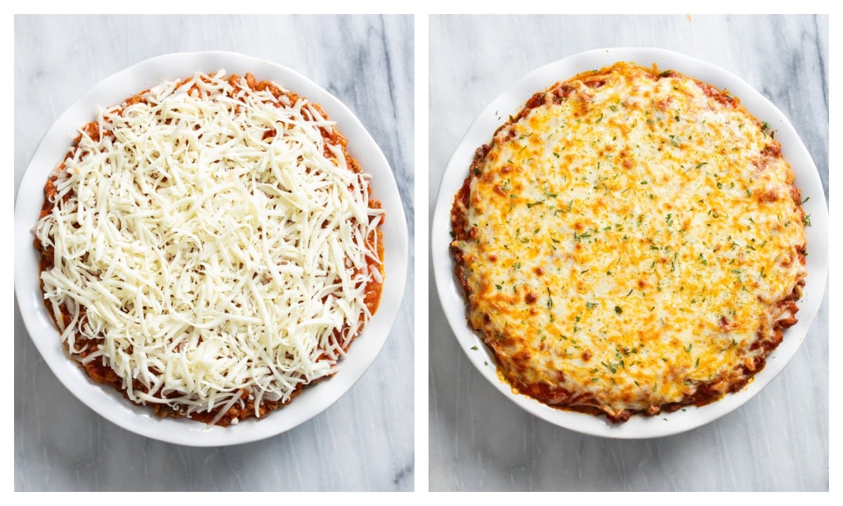 Spaghetti Pie in a white pie dish before and after being baked.
