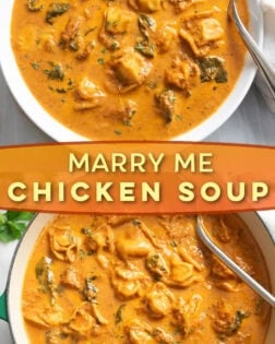 A collage of Marry Me Chicken Soup in a bowl and in a soup pot.