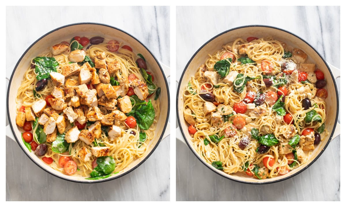 A skillet with chicken being added to Mediterranean Pasta next to the completed dish.