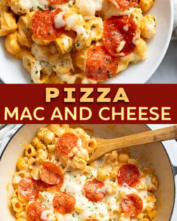A collage of Pizza Mac and Cheese in a skillet and in white bowl.
