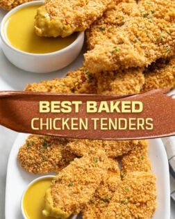 A collage of Baked Chicken Tenders on a white platter with honey mustard sauce and a label in the middle.