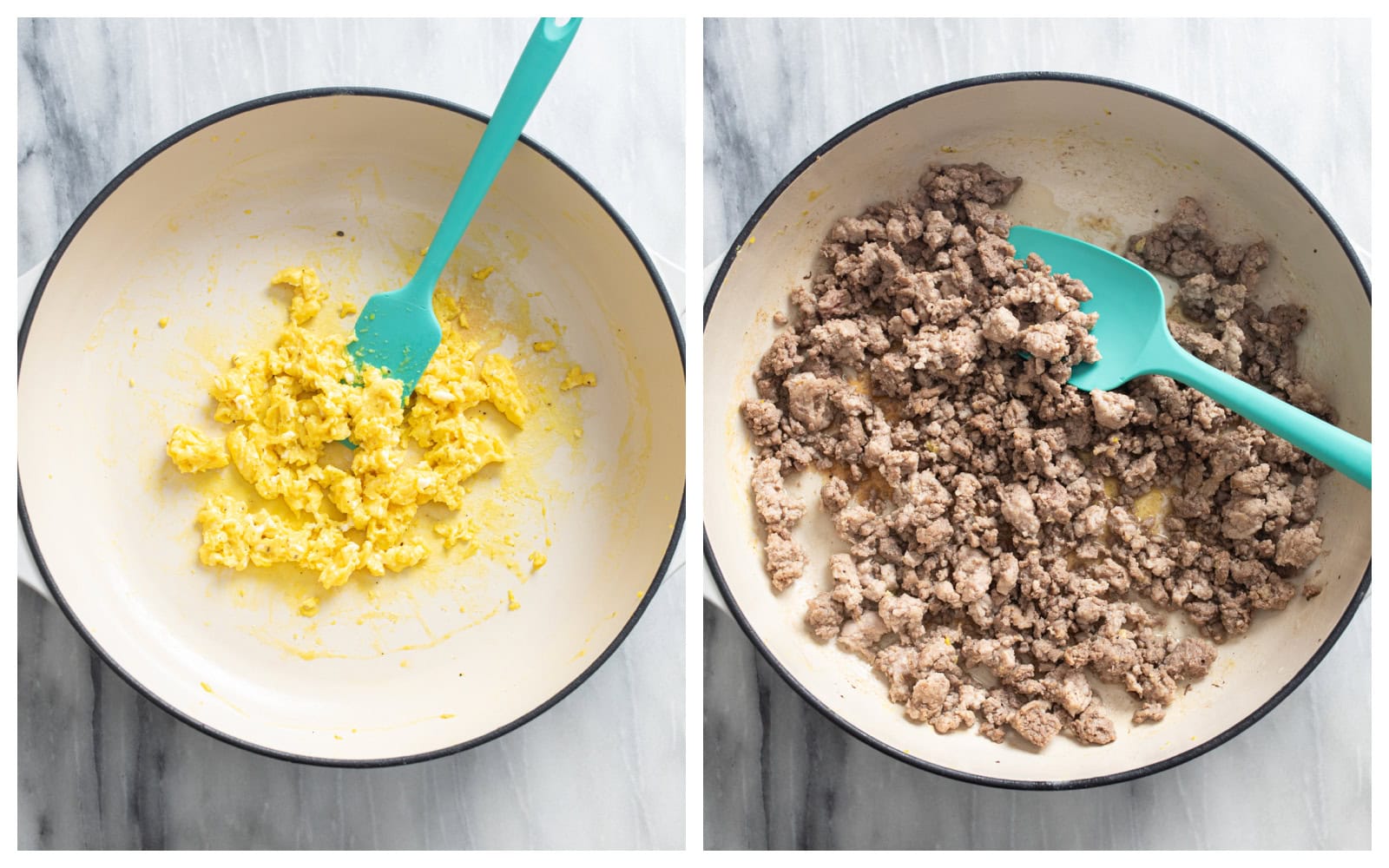 A skillet with scrambled eggs next to a skillet with cooked ground beef and pork.