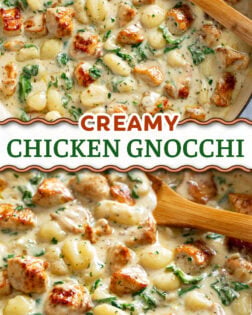 A collage of Creamy Chicken Gnocchi in a skillet with a wooden spoon.