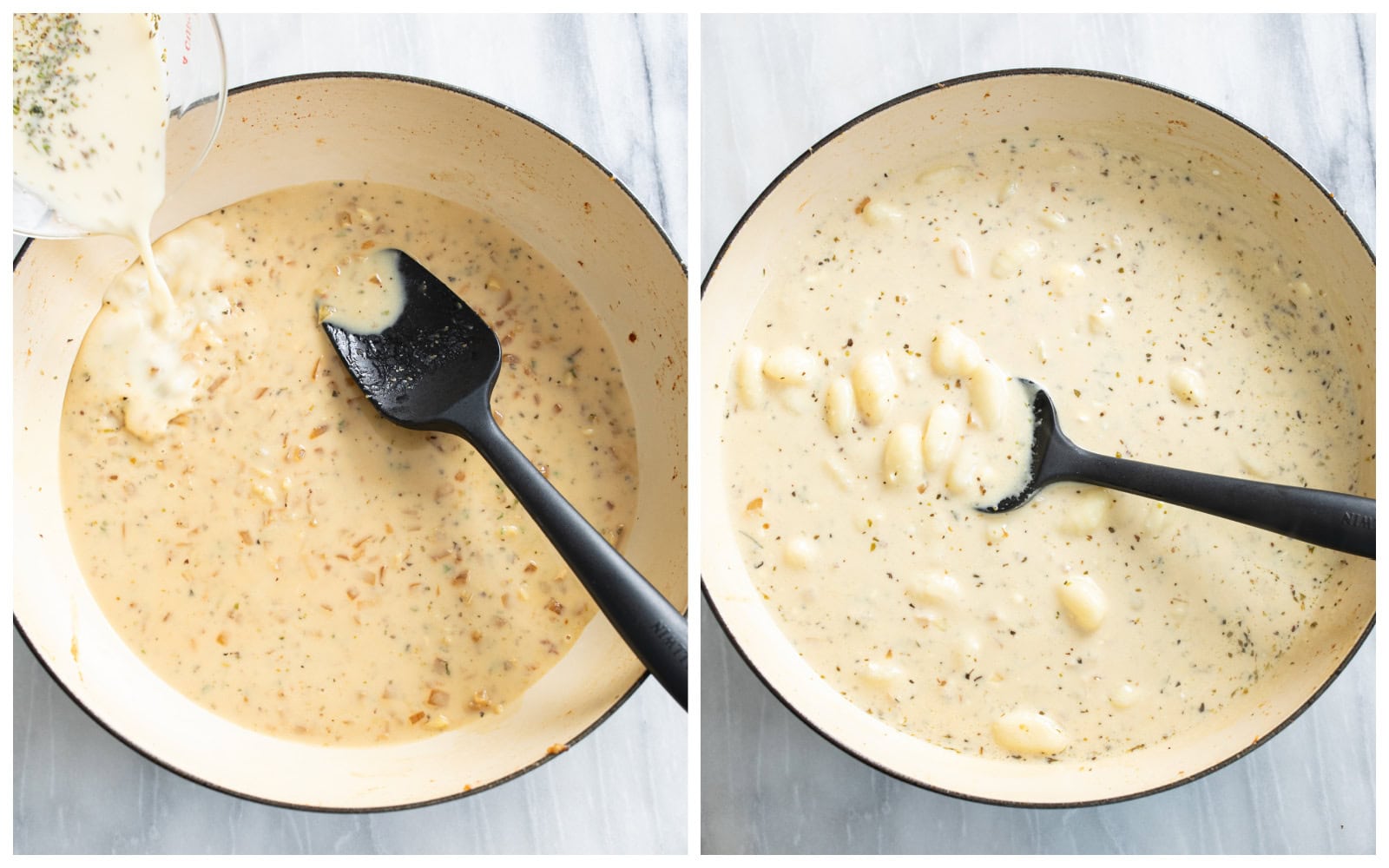 A skillet with sauce being made next to a skillet with gnocchi being added to the sauce.