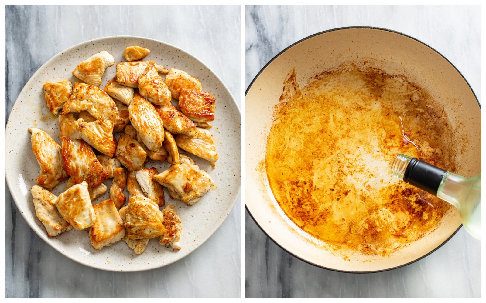 A plate of seared chicken next to a pan being deglazed with wine.