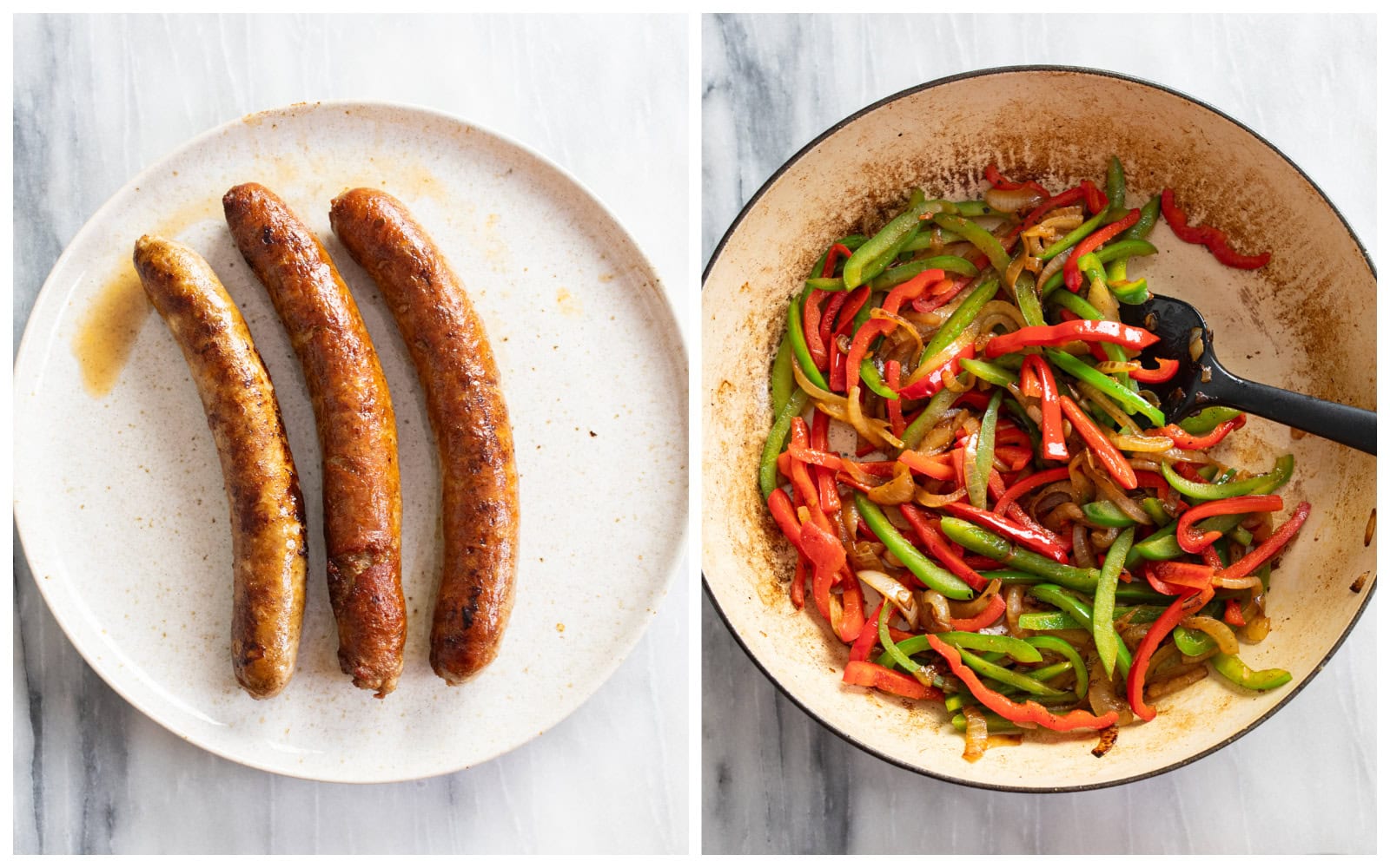 A plate of seared sausage links next to a skillet of cooked bell peppers and onions.