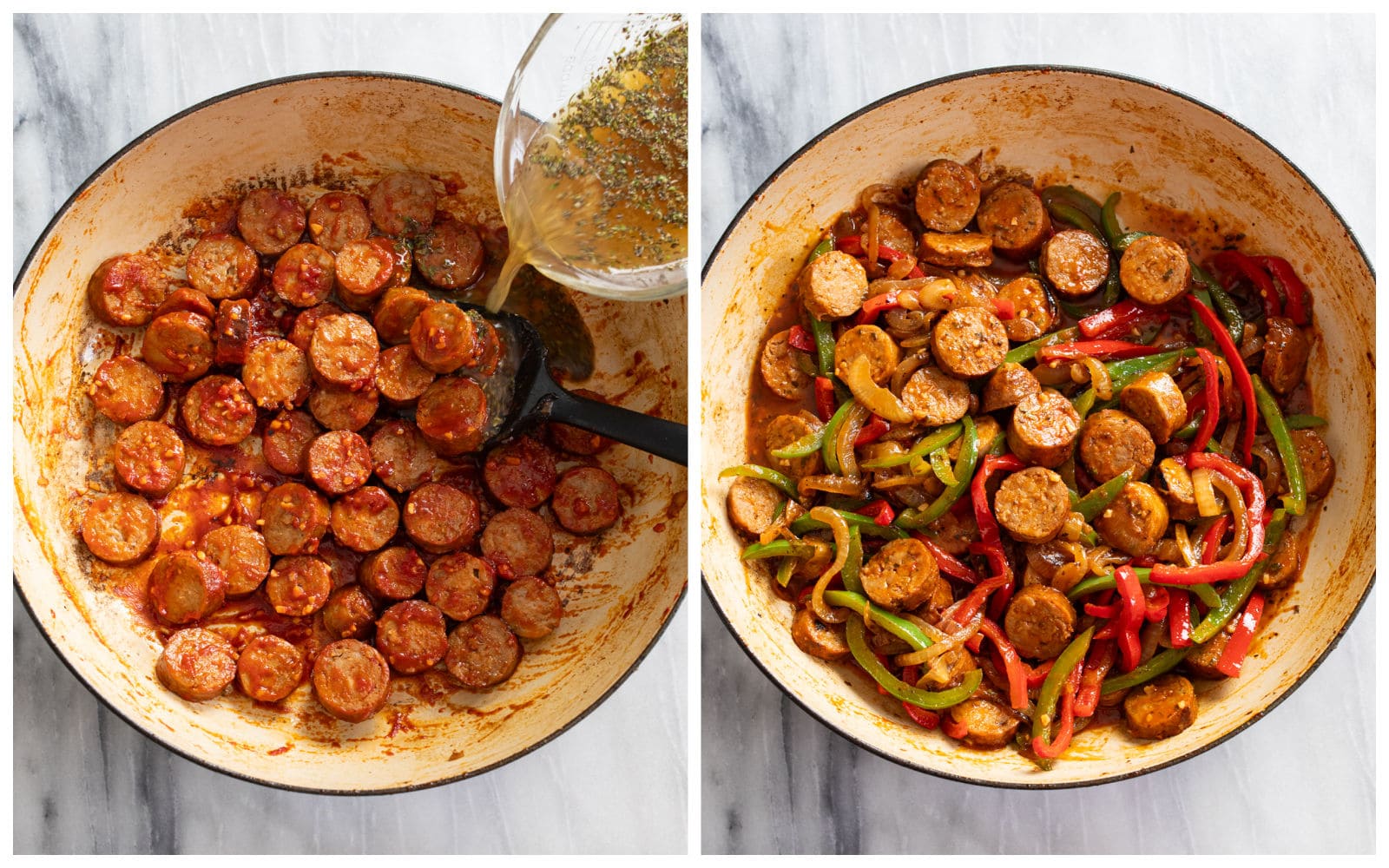 A skillet with a tomato pan sauce being made next to a skillet of finished sausage and peppers.