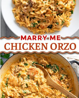 A collage of Marry Me Chicken Orzo in a white bowl and in a skillet with a wooden spoon.