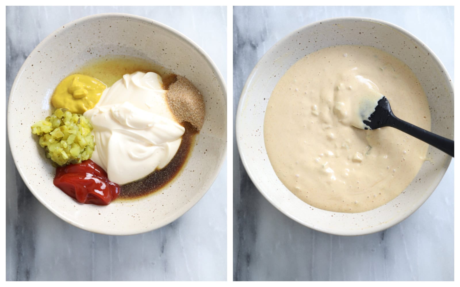 A bowl of ingredients needed to make Big Mac Sauce before and after mixing them together.